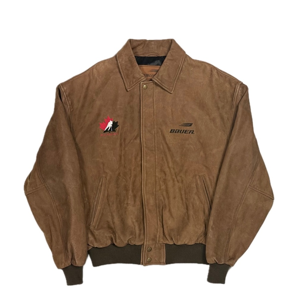 Vintage Y2K BAUER Leather Team Canada Hockey brown bomber jacket‎ women's 2XL